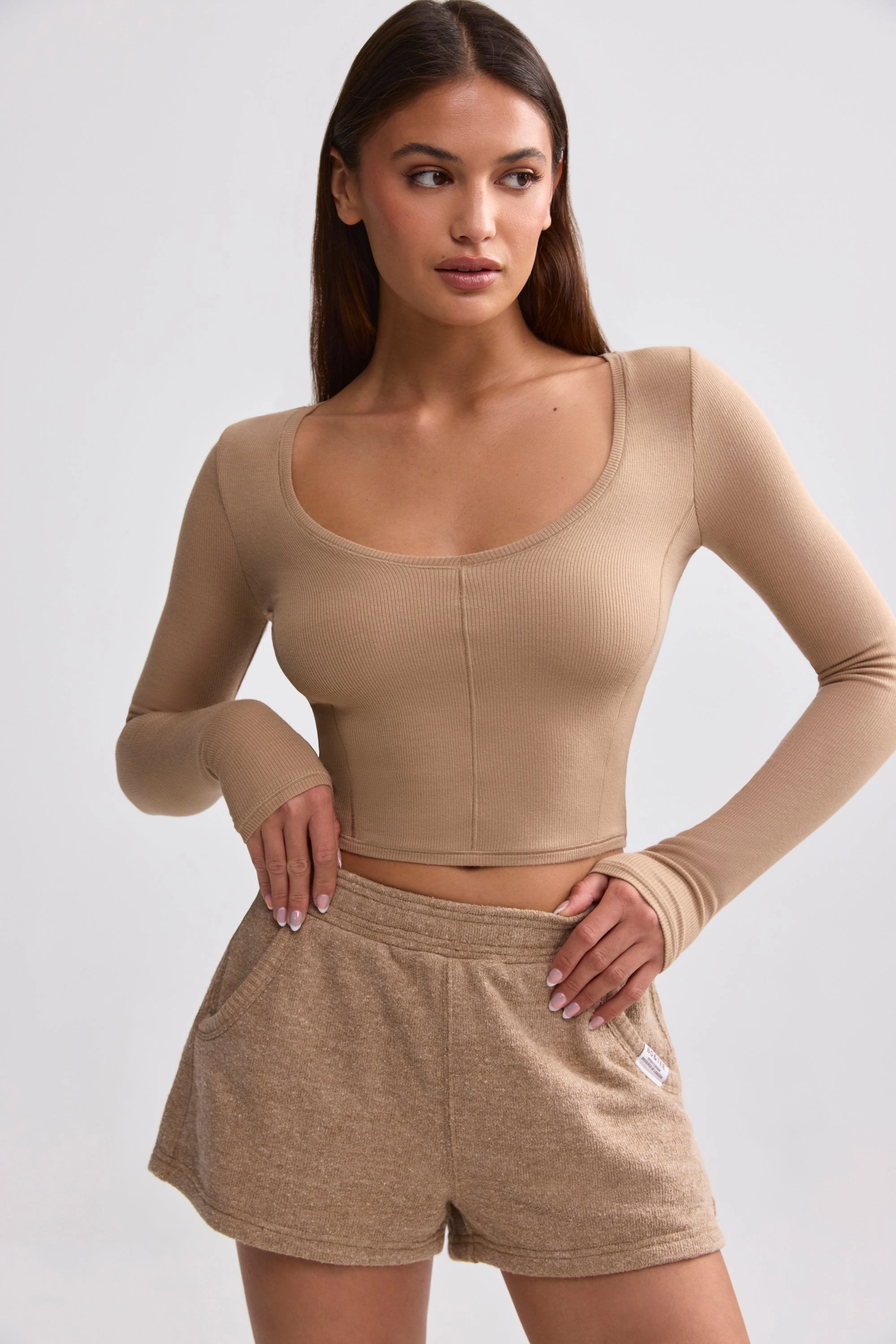 Ribbed Modal V-Neck Crop Top in Mocha Brown Tops - basic tees cheap