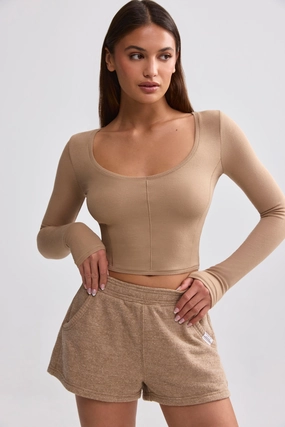 Ribbed Modal V-Neck Crop Top in Mocha Brown Tops - basic tees cheap