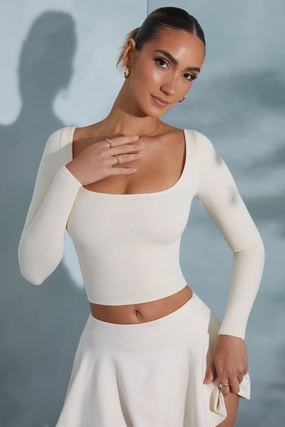 Rounded Square Neck Long Sleeve Top in Ivory Tops - basic tees cheap