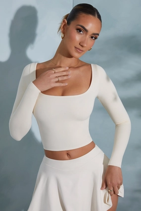 Rounded Square Neck Long Sleeve Top in Ivory Tops - tops on sale