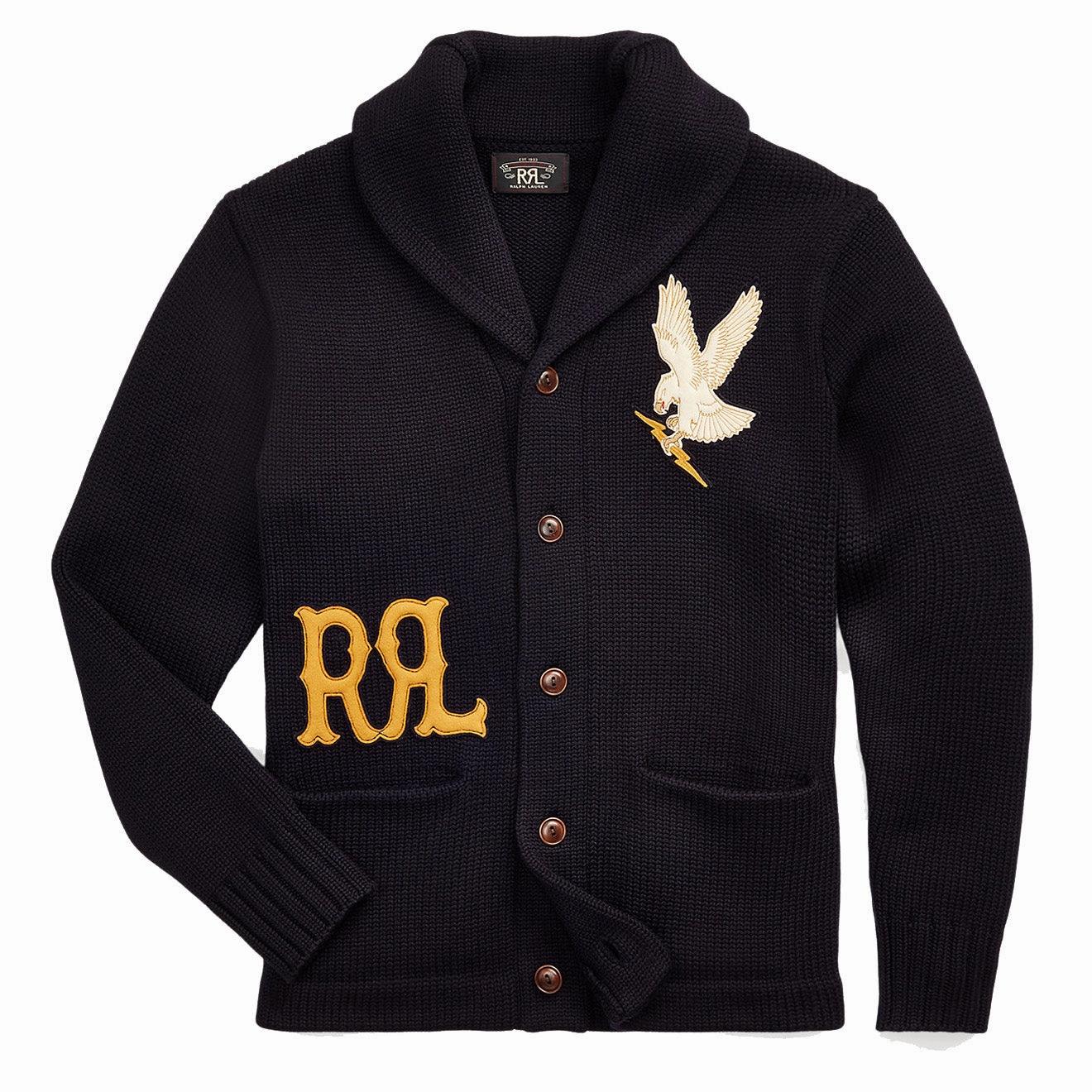 RRL by Ralph Lauren Appliqued Wool Cardigan Navy mens sweaters cheap