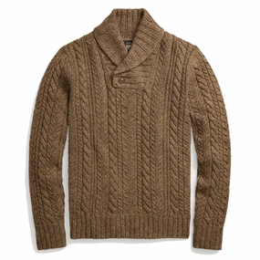 RRL by Ralph Lauren Aran-Knit Shawl-Collar Jumper Brown Heather mens sweaters cheap