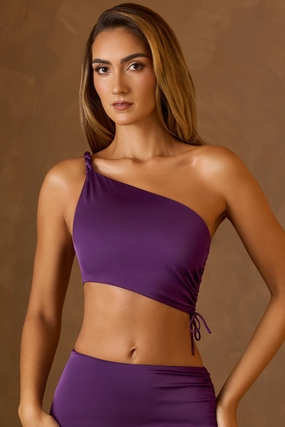Ruched Asymmetric Crop Top in Plum Tops - tops on sale