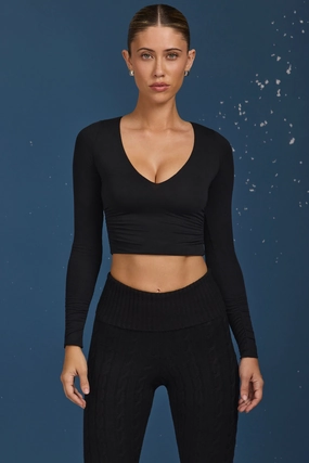 Ruched Long-Sleeve Crop Top in Black Tops - basic tees cheap