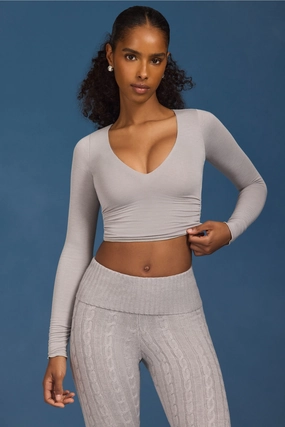 Ruched Long-Sleeve Crop Top in Grey Tops - basic tees cheap