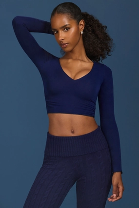 Ruched Long-Sleeve Crop Top in Navy Tops - basic tees cheap