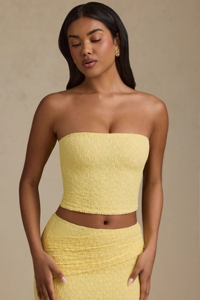 Ruched Strapless Lace Top in Pastel Yellow Tops - tops on sale