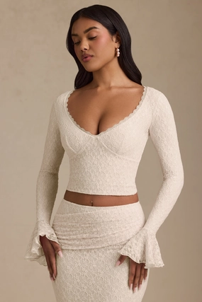 Ruffle Long-Sleeve Lace Top in Ivory Tops - basic tees cheap