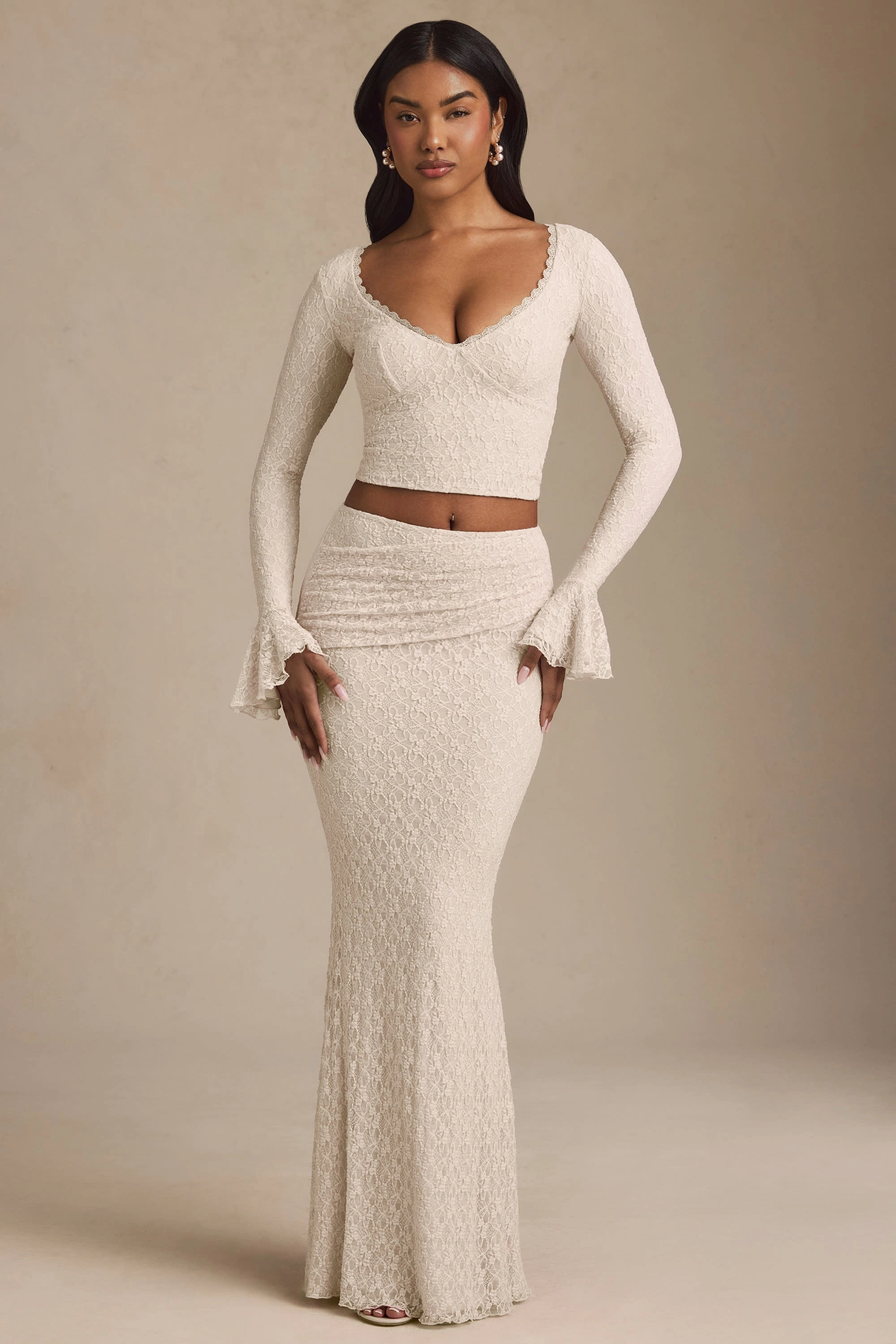 Ruffle Long-Sleeve Lace Top in Ivory