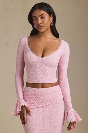 Ruffle Long-Sleeve Lace Top in Soft Pink Tops - basic tees cheap