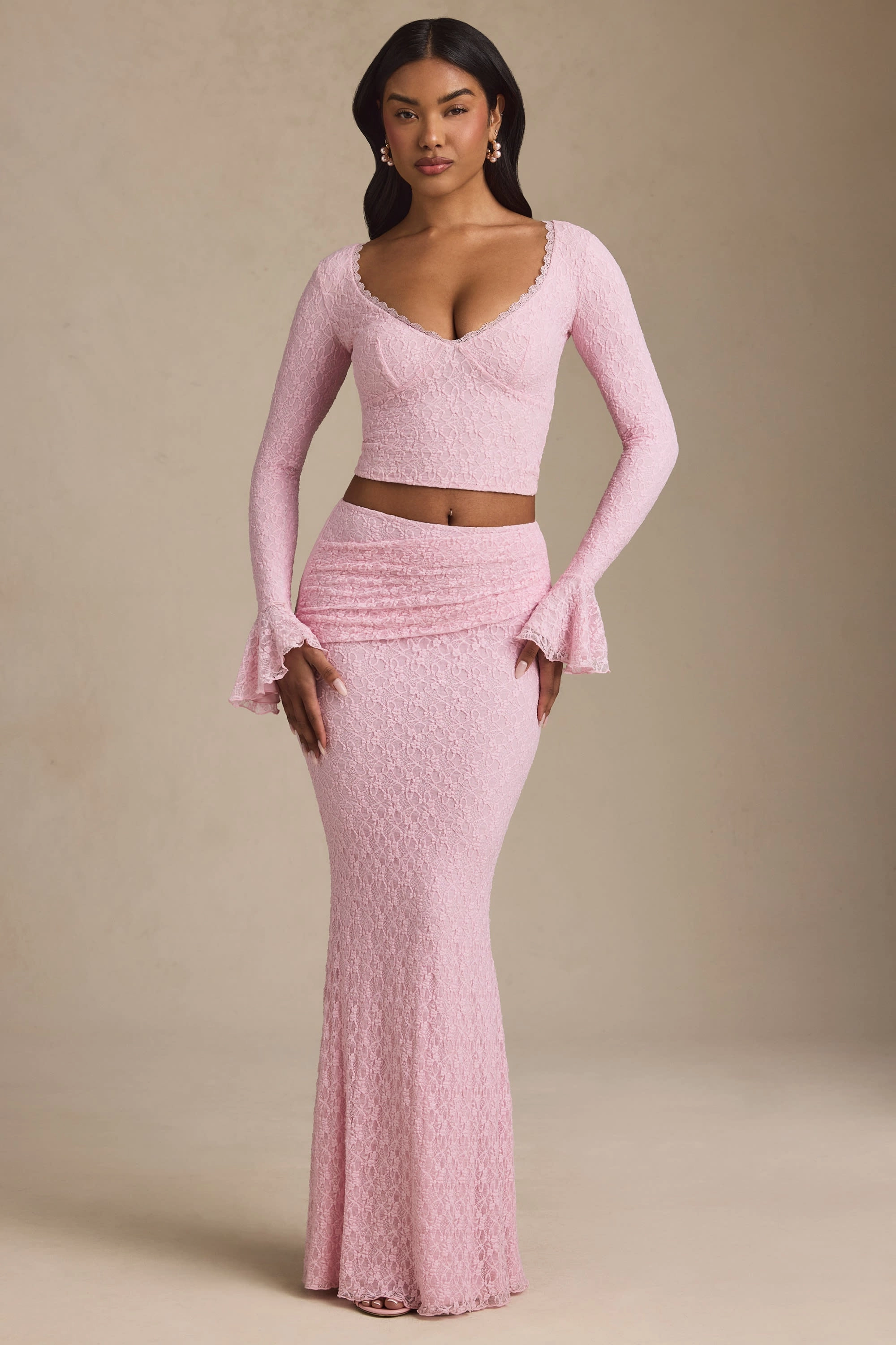 Ruffle Long-Sleeve Lace Top in Soft Pink