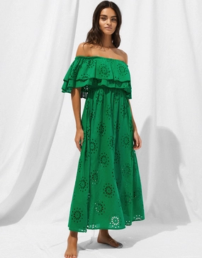 Ruffle Shoulder Maxi Dress - Green Flare Swim Womens - bikinis clearance