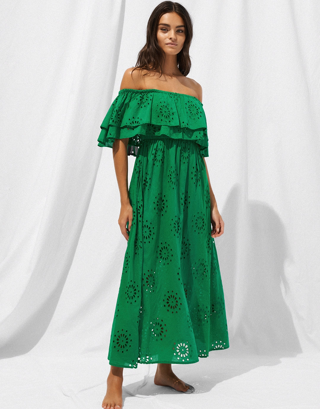 Ruffle Shoulder Maxi Dress - Green Flare Swim Womens - bikinis clearance