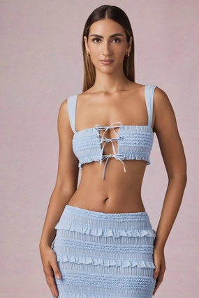 Ruffle Tie-Front Crop Top in Powder Blue Tops - tops on sale