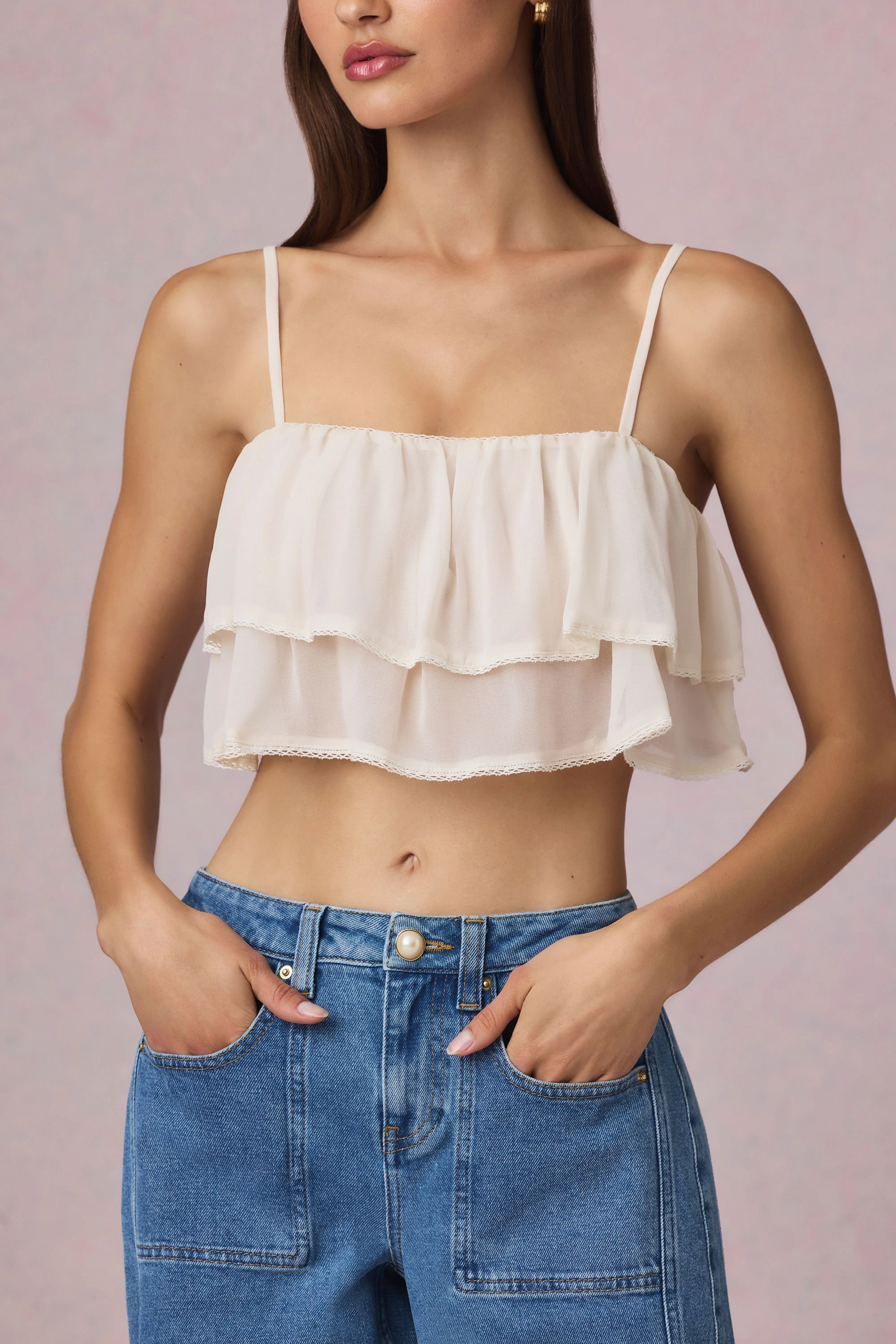Ruffled Cropped Camisole Top in Ivory