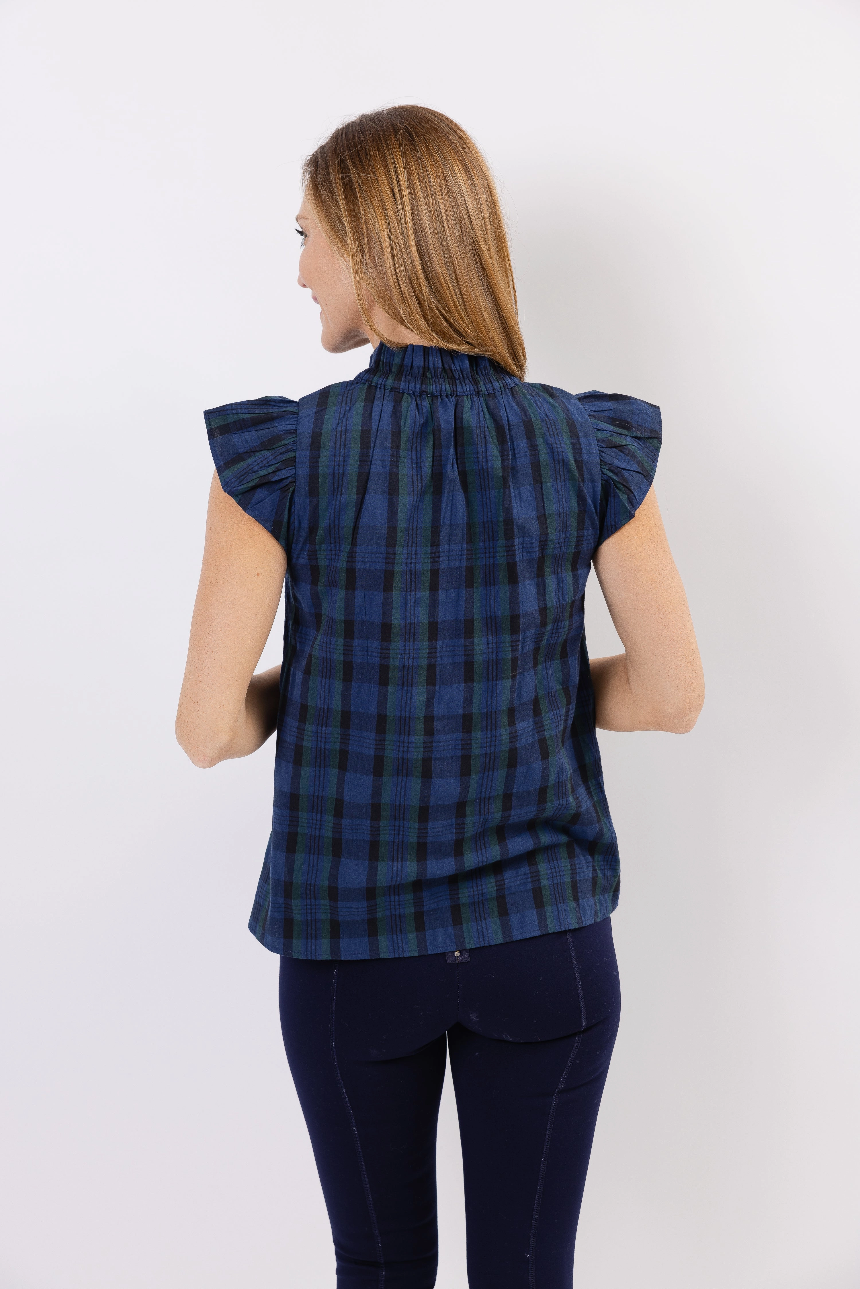 Sail To Sable Flutter Sleeve Top - Blackwatch Plaid