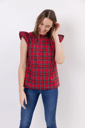 Sail To Sable Flutter Sleeve Top - Red Plaid womens blouses promo
