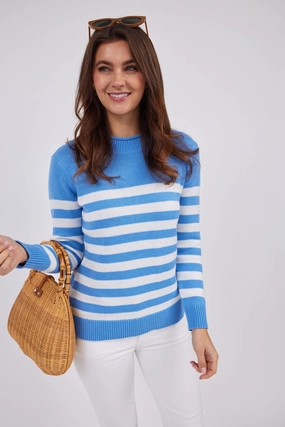 Sail To Sable Roll Neck Striped Sweater - Hydrangea/Ivory womens blouses promo