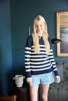 Sail To Sable Roll Neck Striped Sweater - Navy/Ivory womens blouses promo