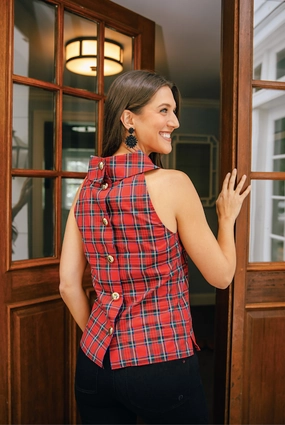 Sail to Sable Sleeveless Cowl Neck Button Back Top - Red Plaid womens blouses promo