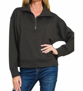 Scuba Half Zip Pullover Sweater In Black Tops Womens - embroidered tops sale