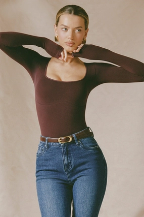 Seamless Long-Sleeve Bodysuit in Espresso Tops - basic tees cheap