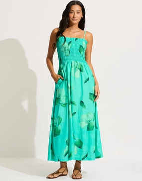 Secret Garden Shirred Maxi Dress - Jade Swim Womens - bikinis clearance