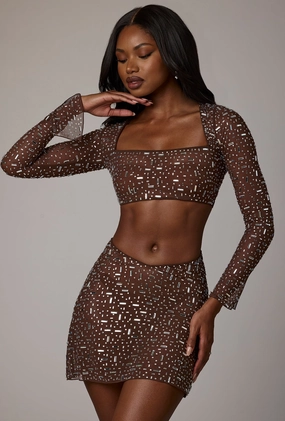 Sheer Embellished Long Sleeve Crop Top in Deep Cocoa Tops - tops on sale