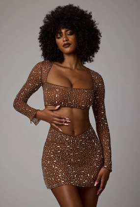 Sheer Embellished Long Sleeve Crop Top in Mocha Tops - tops on sale