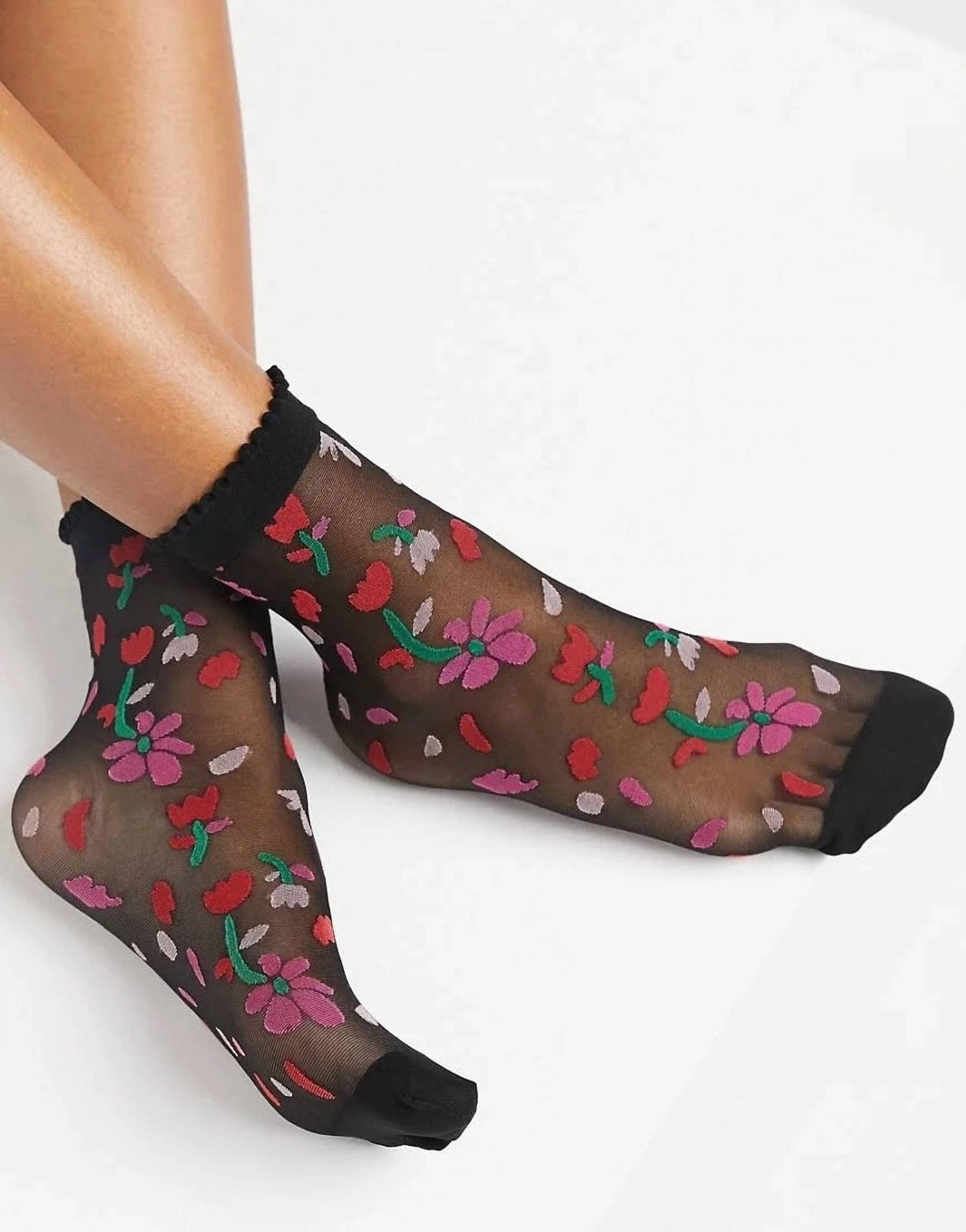Sheer Floral Anklet Sock In Black