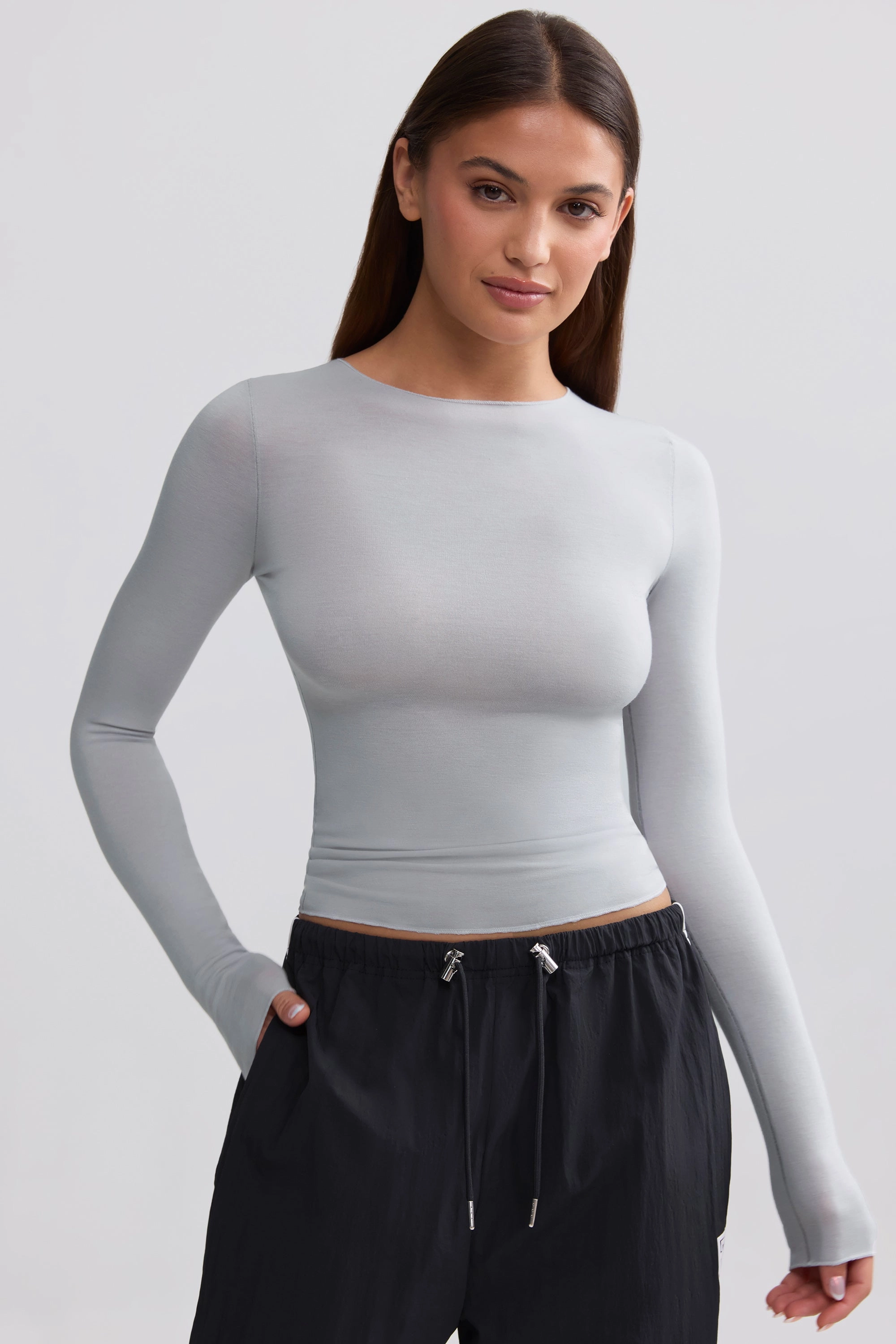 Sheer Long-Sleeve Top in Ice Grey