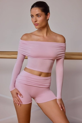 Sheer Off-Shoulder Long-Sleeve Top in Soft Pink Tops - basic tees cheap
