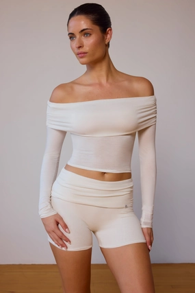 Sheer Off-Shoulder Long-Sleeve Top in Soft White Tops - basic tees cheap