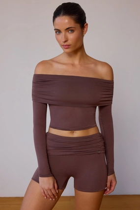 Sheer Off-Shoulder Long-Sleeve Top in Taupe Brown Tops - basic tees cheap