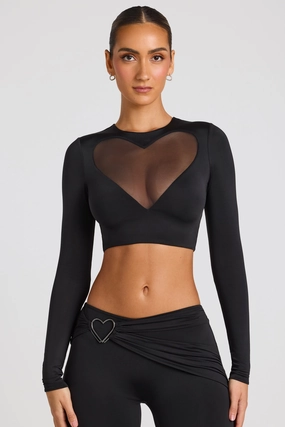 Sheer Panelled Long Sleeve Crop Top in Black Tops - tops on sale