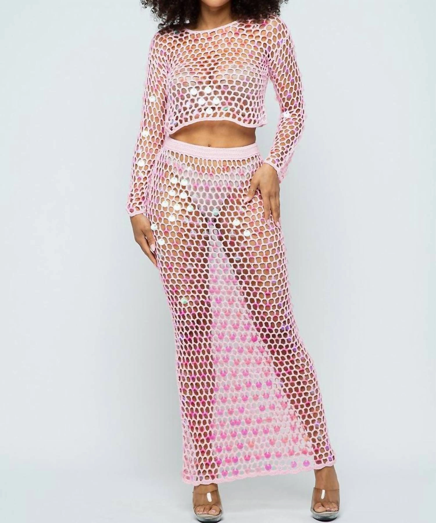 Shine Bright Fishnet Crochet Top And Skirt Set In Pink Swim Womens - reversible swimsuits