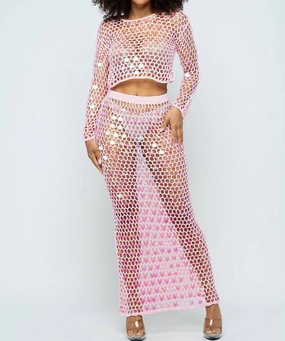 Shine Bright Fishnet Crochet Top And Skirt Set In Pink Swim Womens - reversible swimsuits