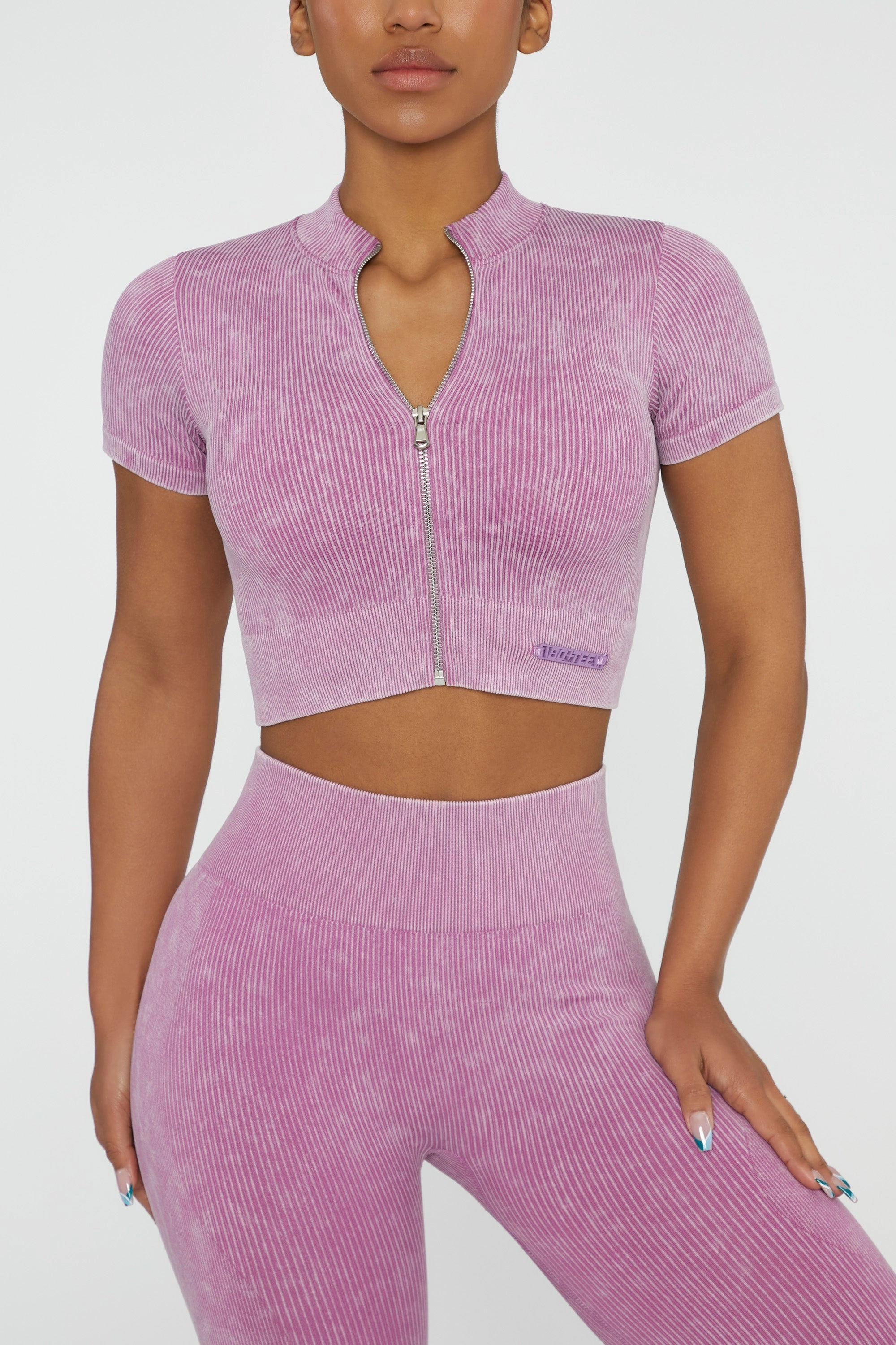 Short Sleeve Zip Crop Top in Pink