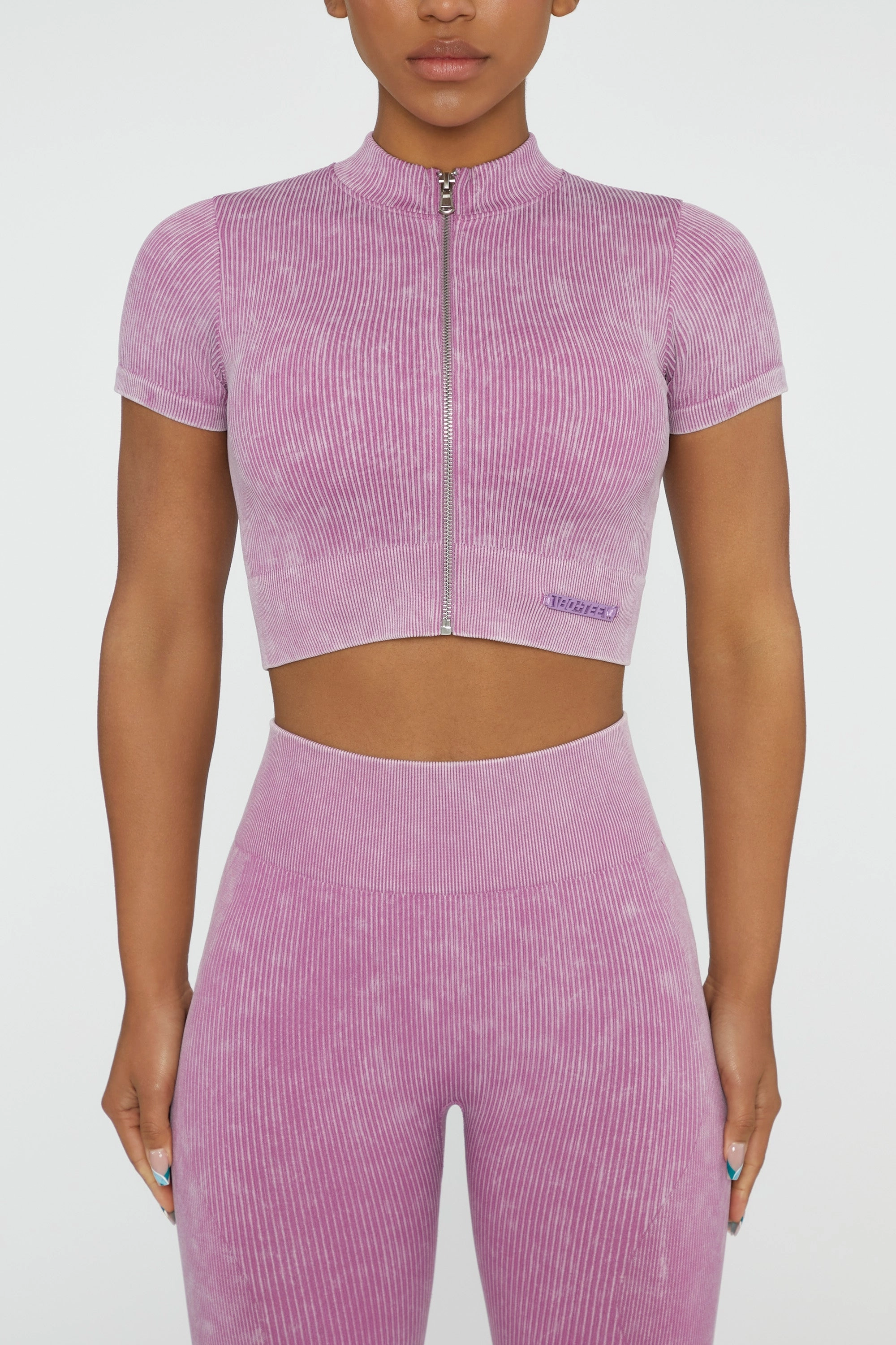 Short Sleeve Zip Crop Top in Pink