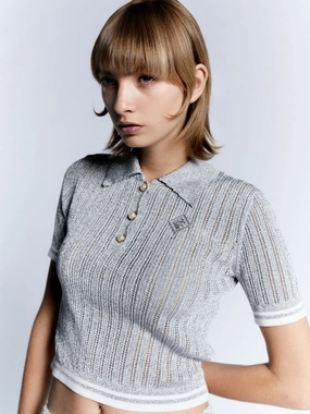 Silver Knitted Short-Sleeve Polo Shirt Knitwear Womens - women's knitwear cheap