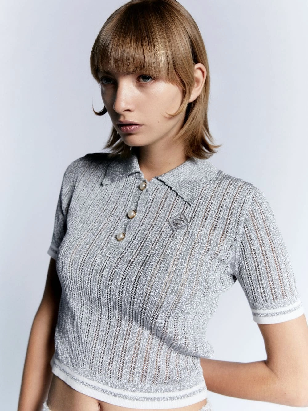 Silver Knitted Short-Sleeve Polo Shirt Knitwear Womens - women's knitwear cheap