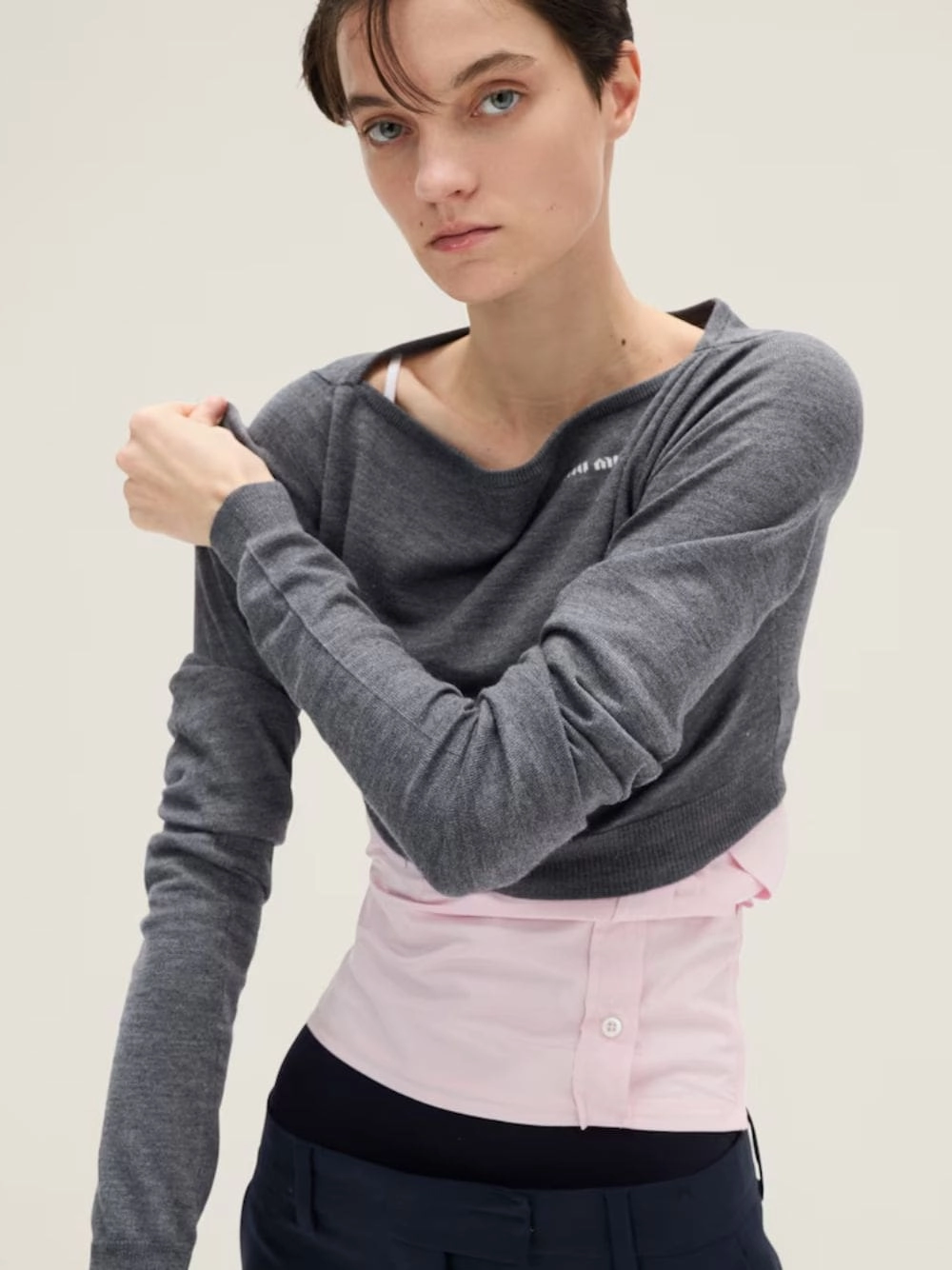 Slate Grey Cropped Wool Boat-Neck Sweater