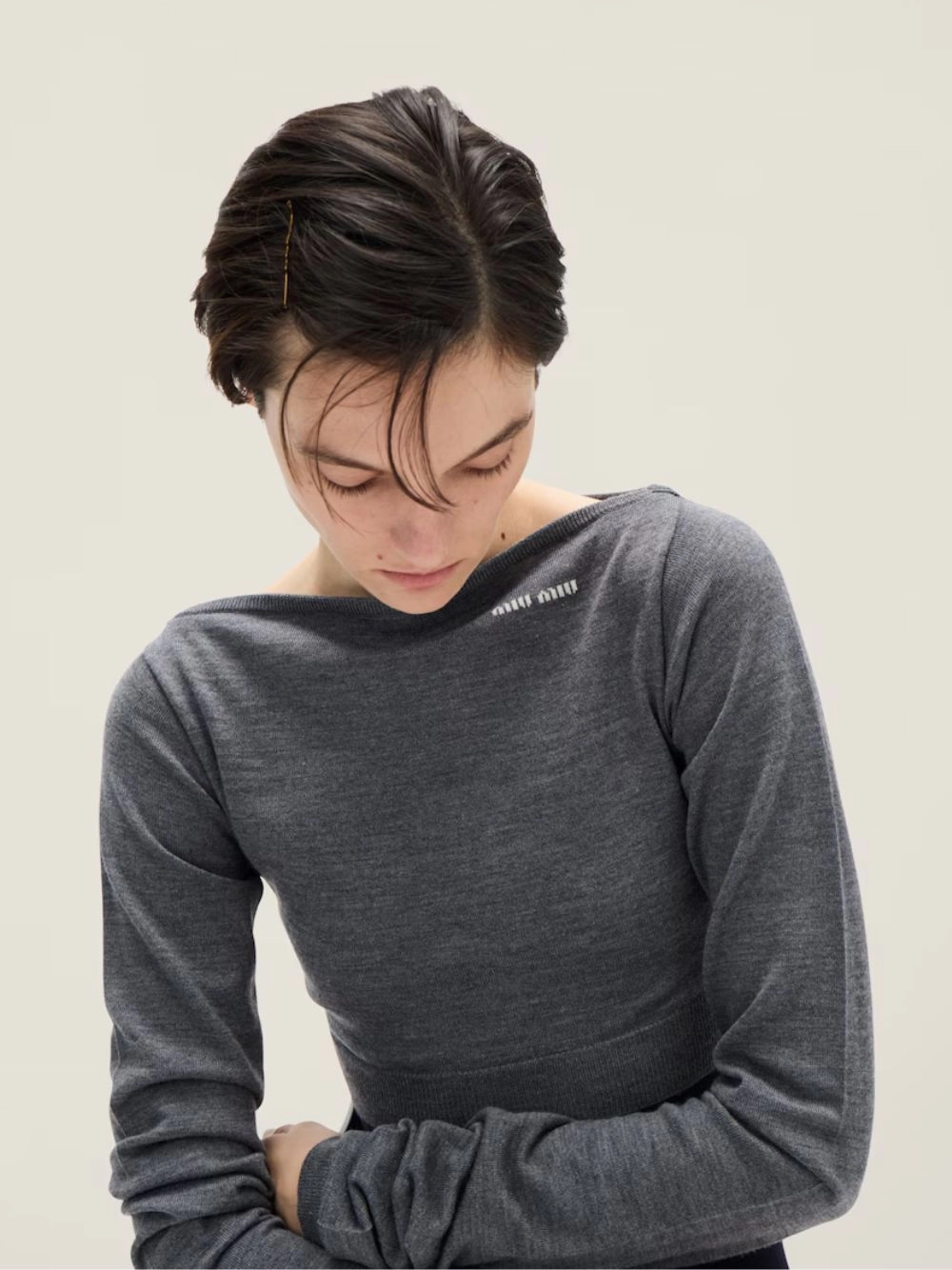 Slate Grey Cropped Wool Boat-Neck Sweater