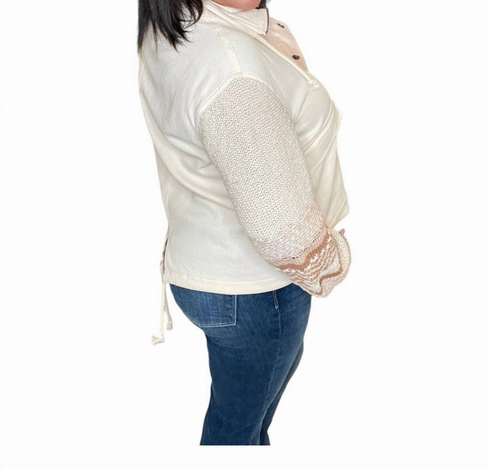 Sleeve Snap Front Sweater Jacket In Cream