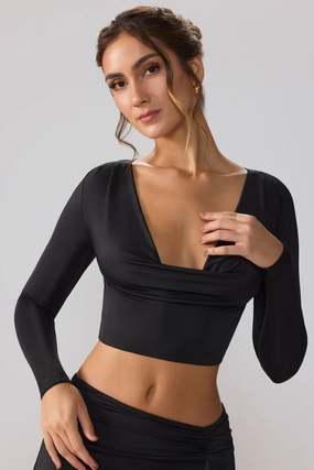 Slinky Jersey Plunge Neck Long Sleeve Crop Top Top in Black Tops - basic tees cheap