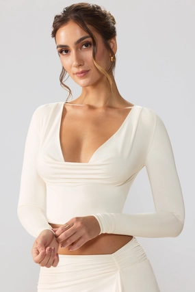 Slinky Jersey Plunge Neck Long Sleeve Crop Top Top in Ivory Tops - basic tees cheap