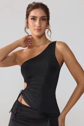 Slinky Jersey Ruched Cut Out One Shoulder Top in Black Tops - tops on sale