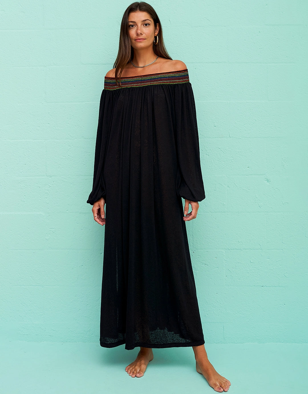 Smocked Off the Shoulder Dress - Black Swim Womens - bikinis clearance