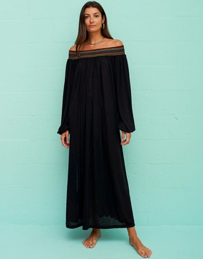 Smocked Off the Shoulder Dress - Black Swim Womens - bikinis clearance