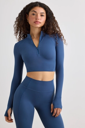 Soft Active Half Zip Crop Top in Washed Navy Tops - basic tees cheap